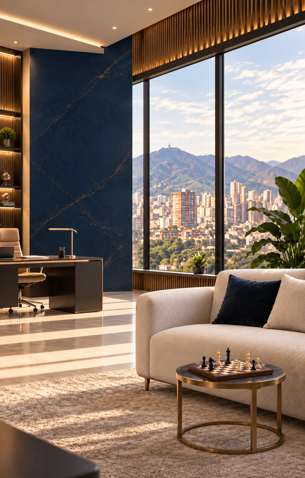 Conceptual executive office overlooking the city and mountains, with a sofa and a small chess table